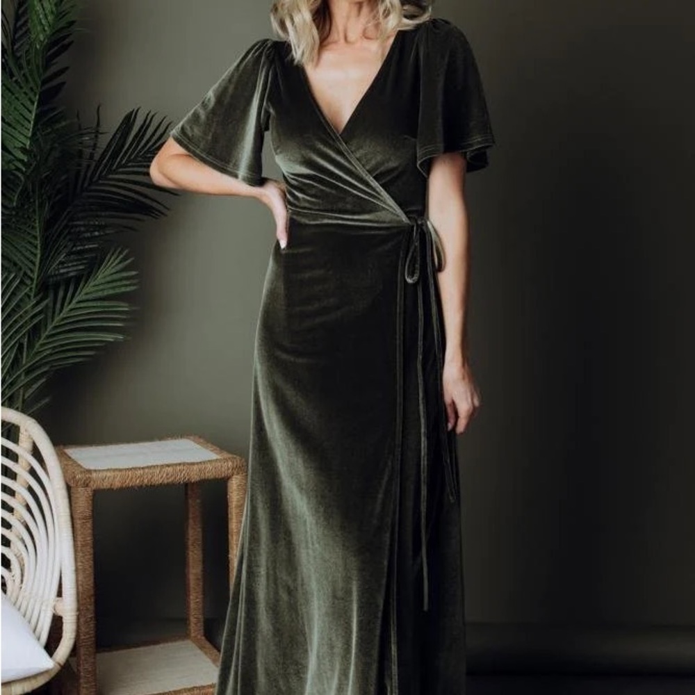 Olive Green Velvet Wrap Dress - Women